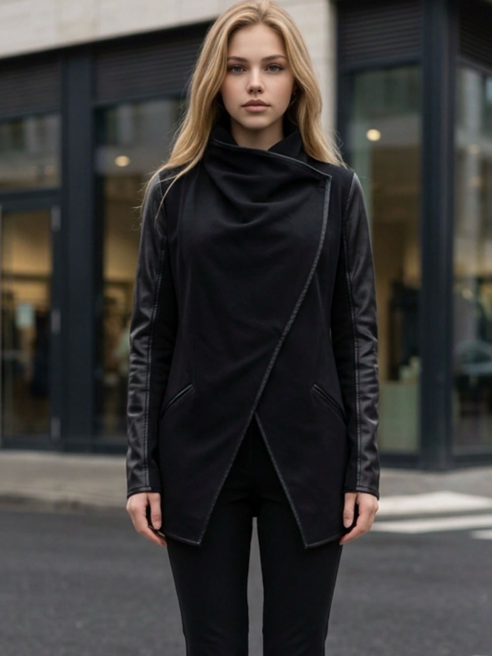 SPANX Black Asymmetrical PU Leather-Sleeve Jacket